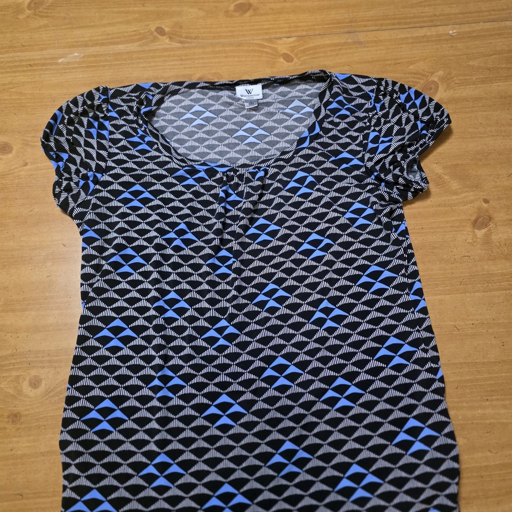Worthington Black and Blue Geometric Short Sleeve Top